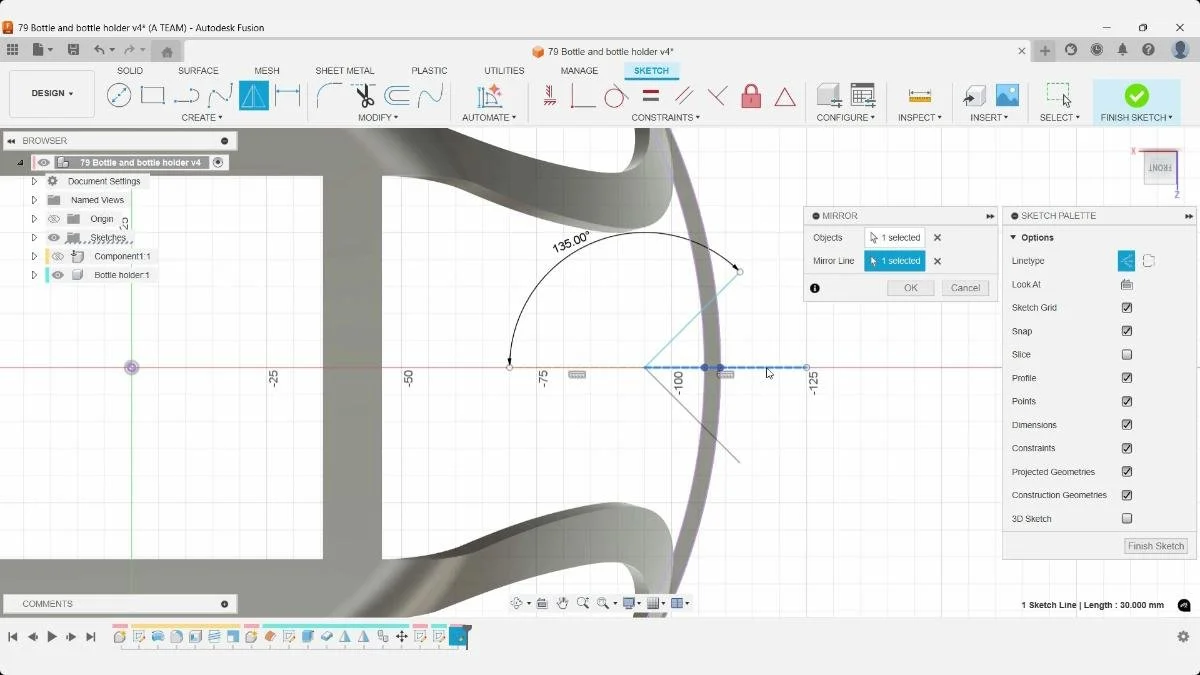 Fusion Mirror tool reflecting angled sketch geometry across a horizontal line in the bottle holder.