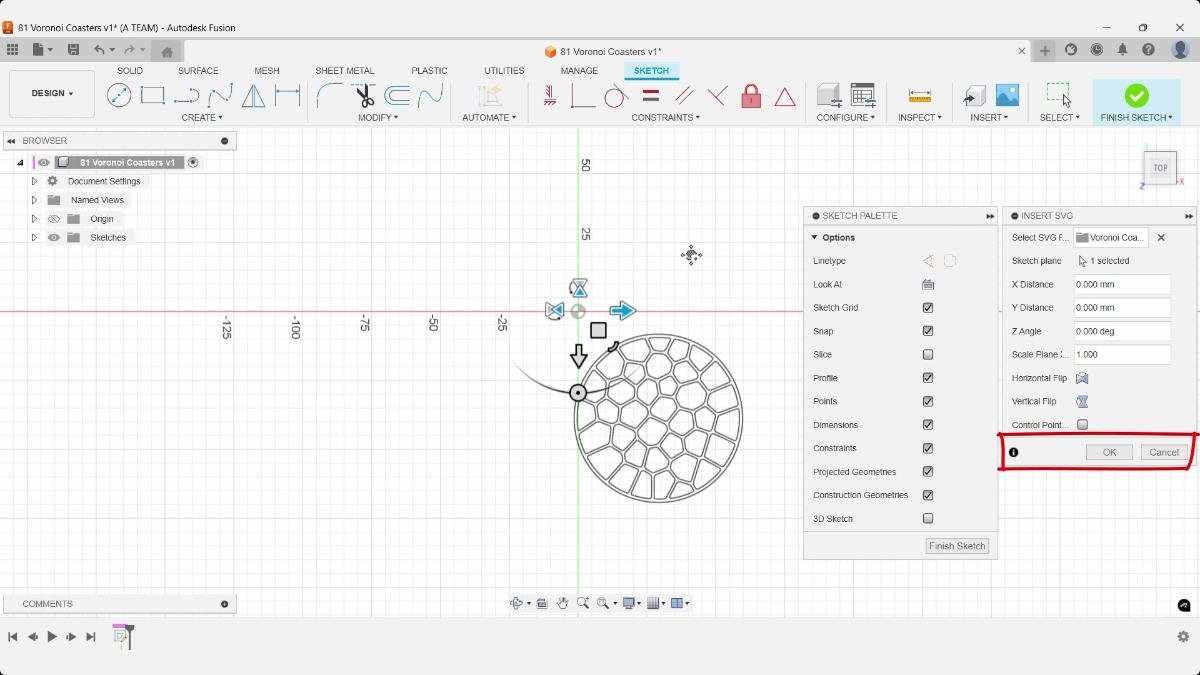Imported Voronoi coaster SVG positioned in a Fusion sketch with Insert SVG controls open.
