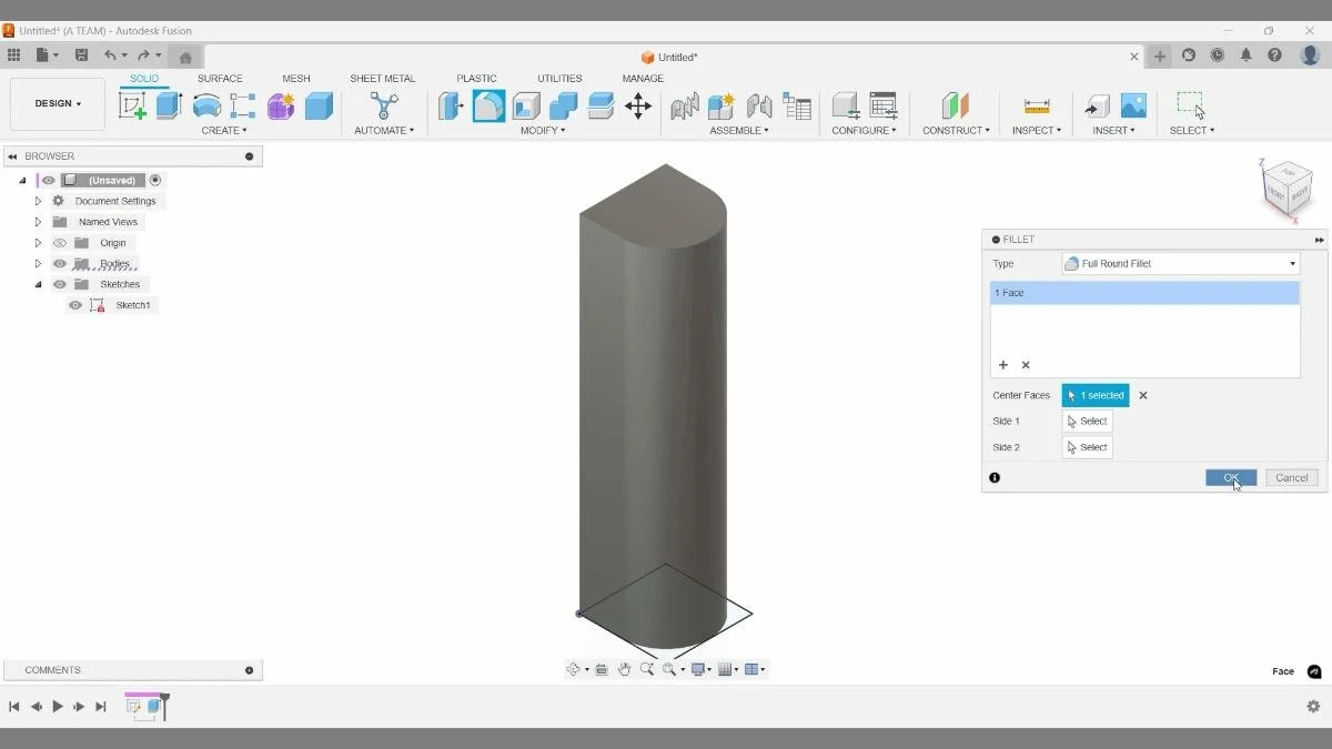 Full round fillet applied to a solid face in Autodesk Fusion.