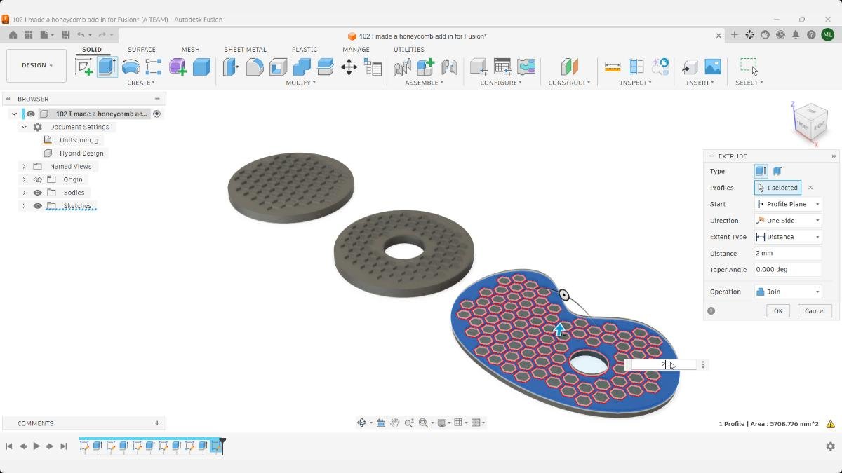 Fusion Extrude preview across selected honeycomb profiles on an irregular body with a circular hole.