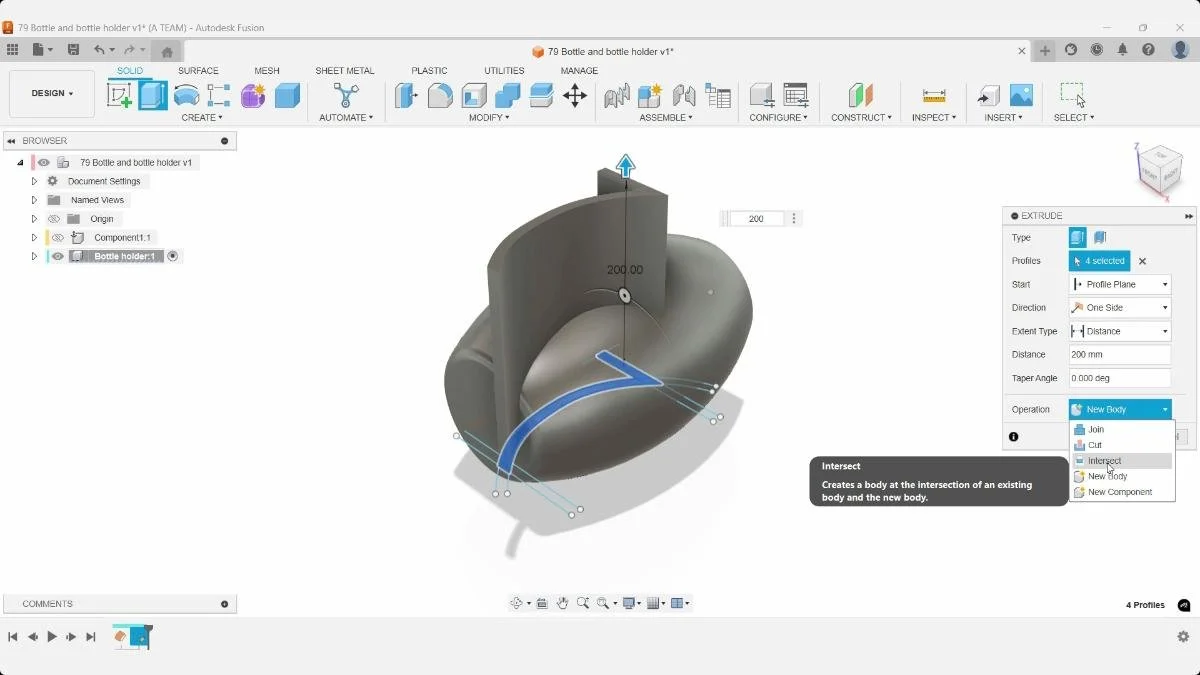 Fusion Extrude command over-extruding bottle holder profiles with Intersect selected.
