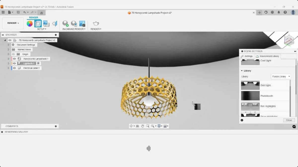 Fusion Render Environment Library showing Photobooth lighting for the honeycomb lampshade.