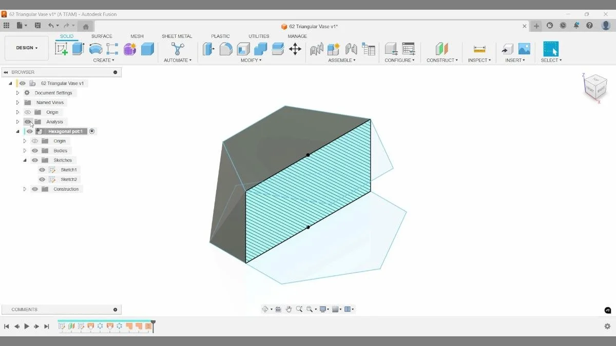Fusion section analysis after stitching surfaces into solid vase body