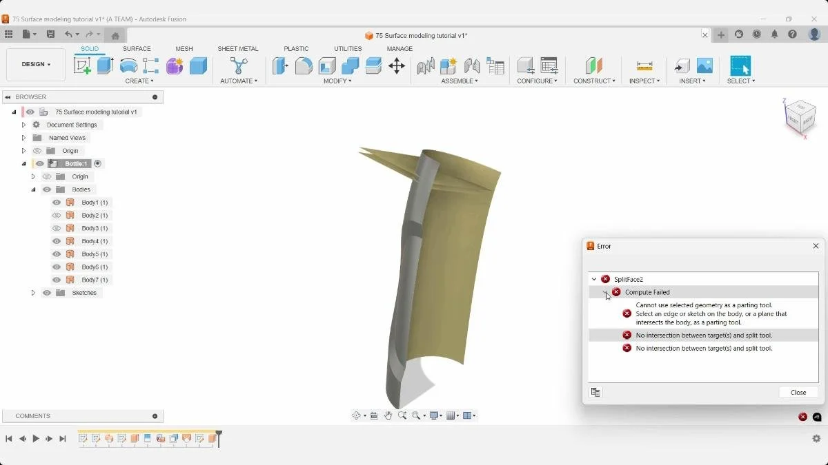 Split Face error caused by non-intersecting geometry in Autodesk Fusion.