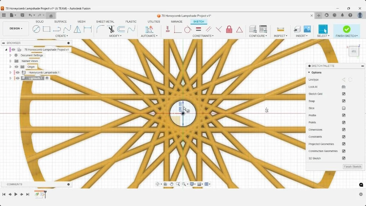 Fusion sketch with an 8 mm center diameter circle positioned in the honeycomb lampshade opening.