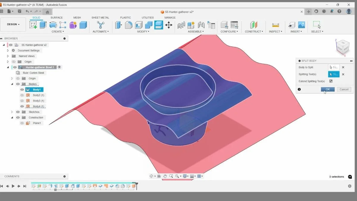 Final bowl geometry created by splitting the body with a surface in Autodesk Fusion