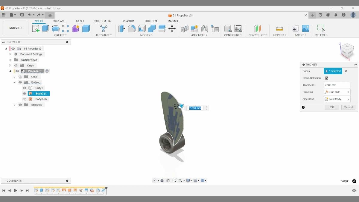 Fusion thicken command converting propeller blade surface into solid body.