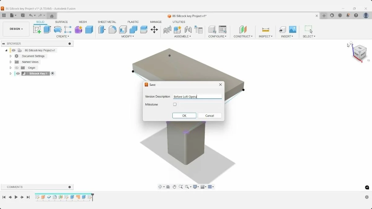 Fusion Save dialog with a version description being entered before the sillcock key loft.