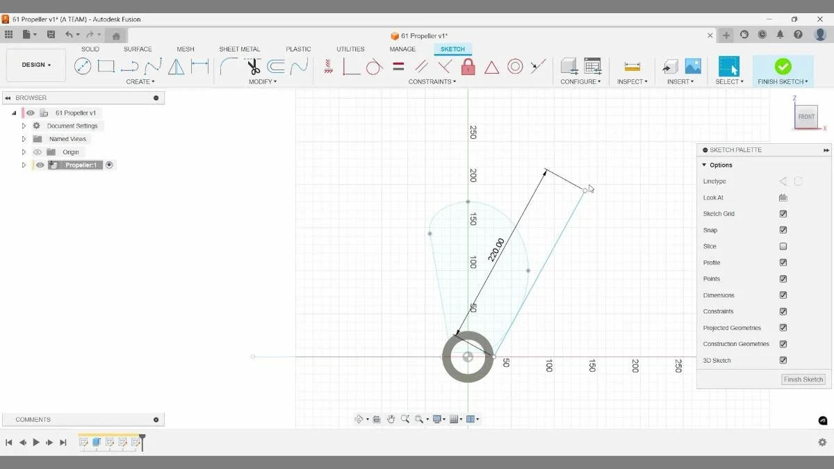 Fusion sketch with angled guide line defining propeller blade direction.