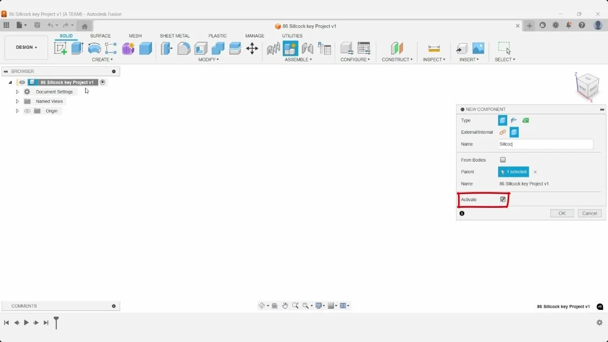 Fusion New Component dialog with Activate checked for the sillcock key.