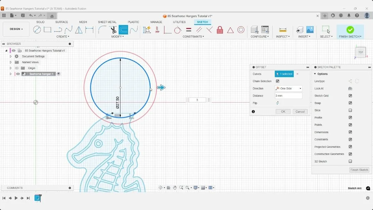 Fusion sketch showing circular geometry above the seahorse head.