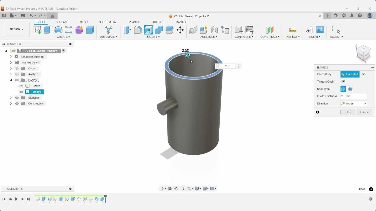 Fusion shell command hollowing inner cylinder body