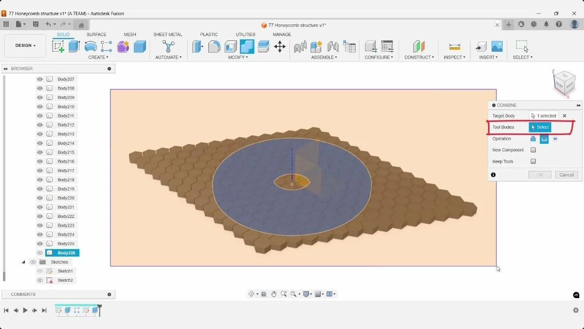 Selecting all honeycomb bodies as tool bodies in Autodesk Fusion.