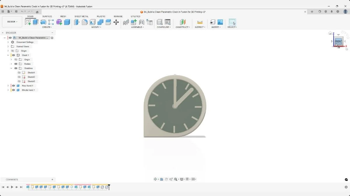 Front view of a parametric clock model in Fusion showing incorrect scaling of hour and minute hands.