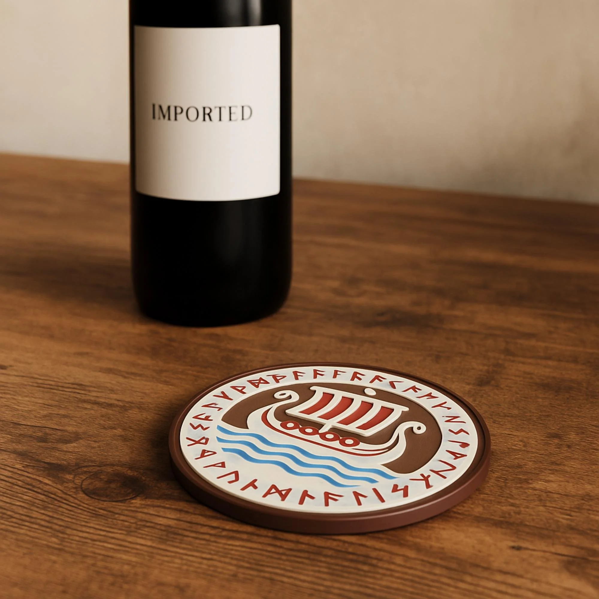 Viking longship coaster with runic border in 3D printed style