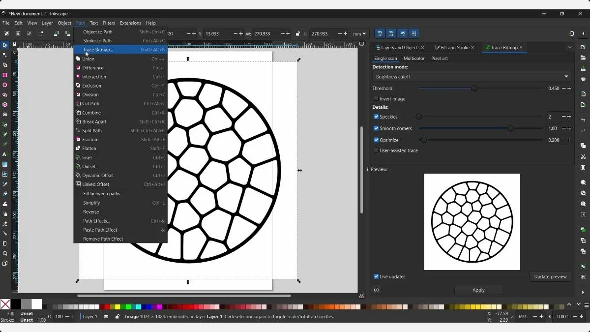 Inkscape Path menu opening Trace Bitmap for the imported Voronoi coaster pattern.