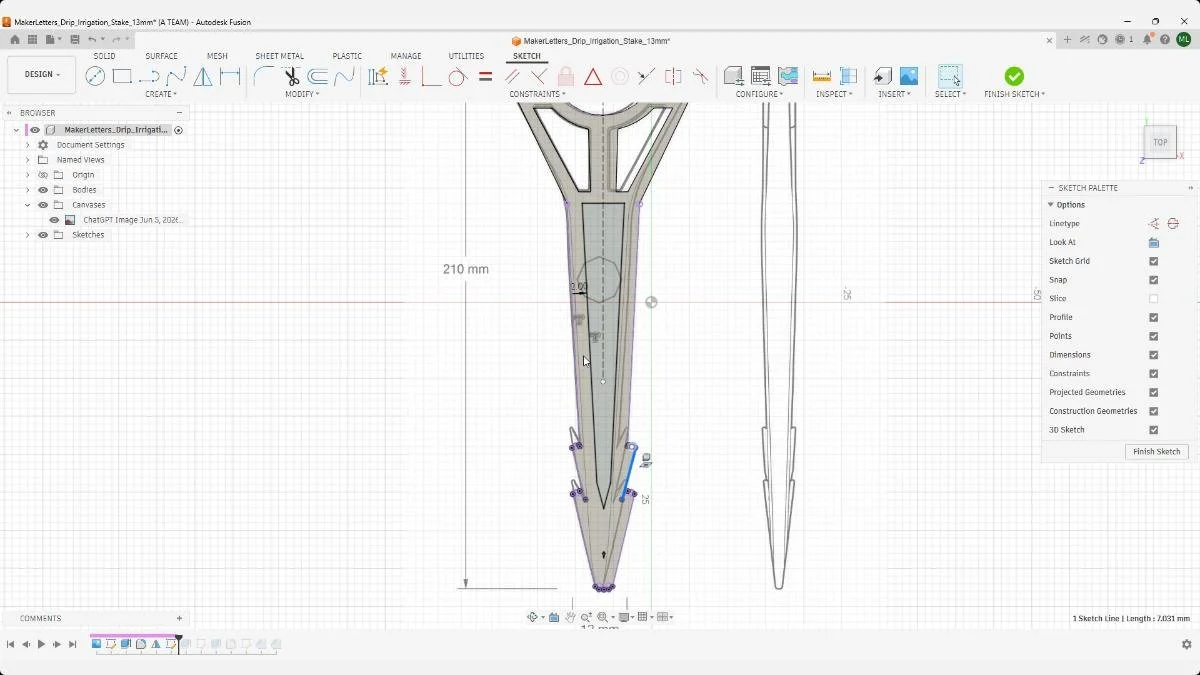 Projected sketch geometry for drip irrigation stake cutout design.
