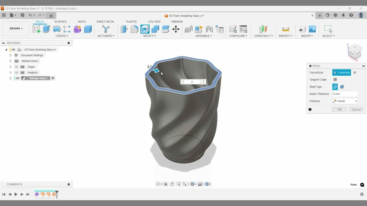 fusion shell command hollow vase 3d printing