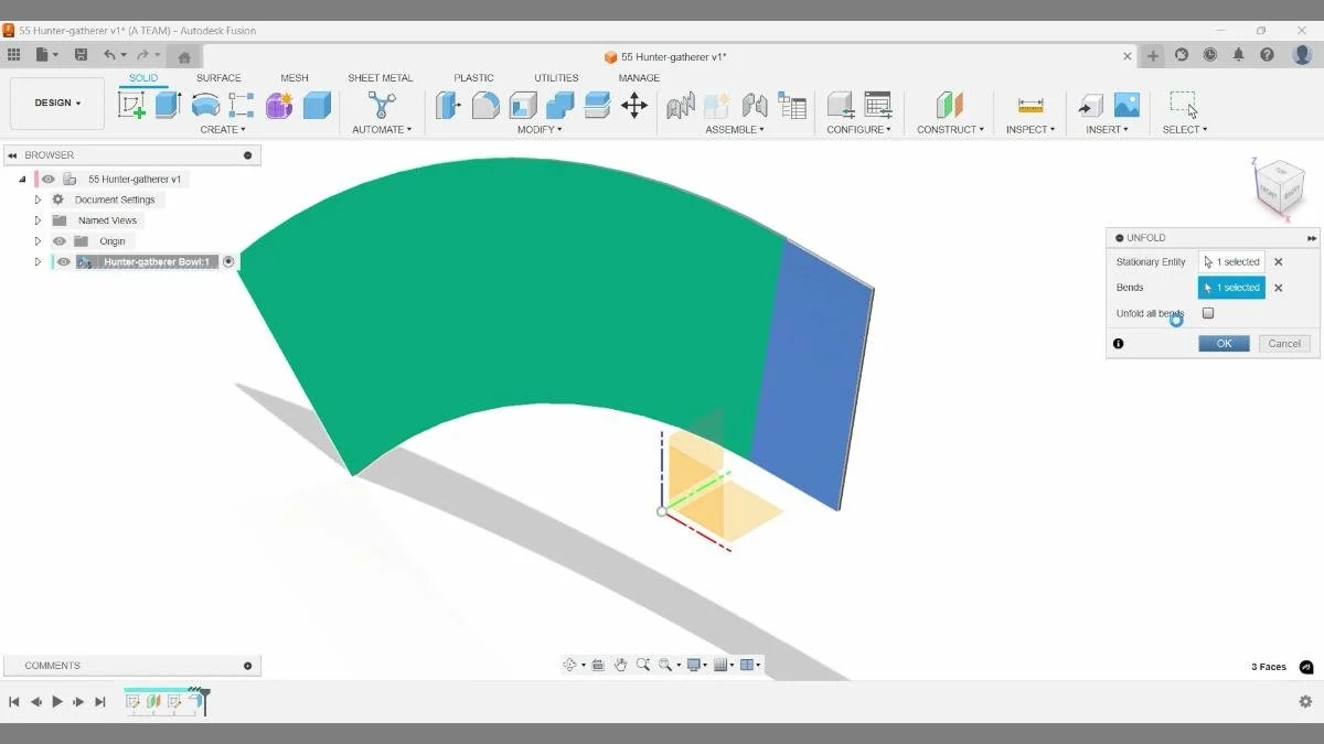 Fully unfolded sheet metal bowl in Autodesk Fusion ready for flat sketch detailing