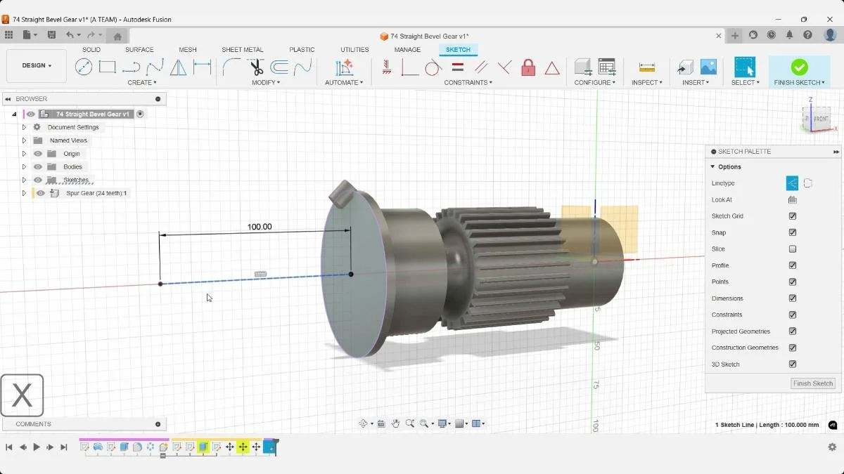 Converting a sketch reference line to construction geometry in Fusion.