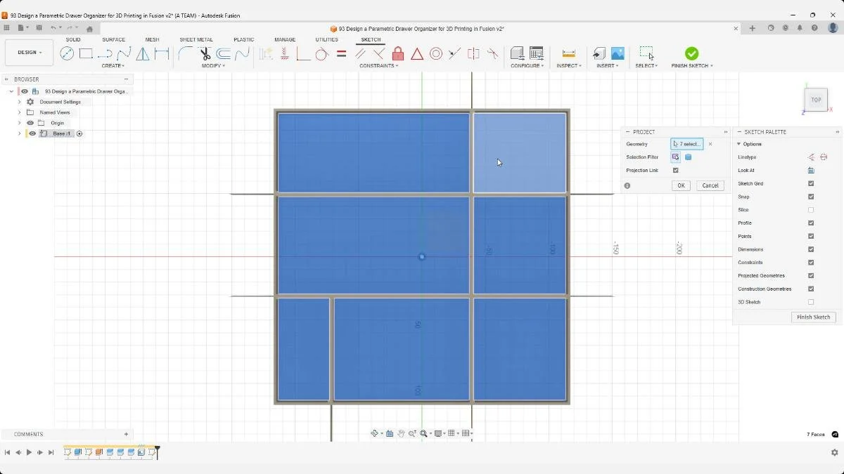 Projected compartment faces generating linked sketch edges.