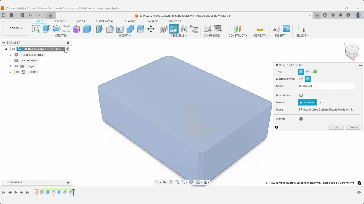 Fusion New Component dialog beside the selected soap master, creating the Silicone Mold component.