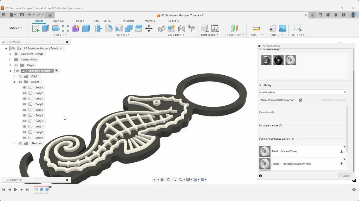 Fusion seahorse hanger model beside the Appearance panel.