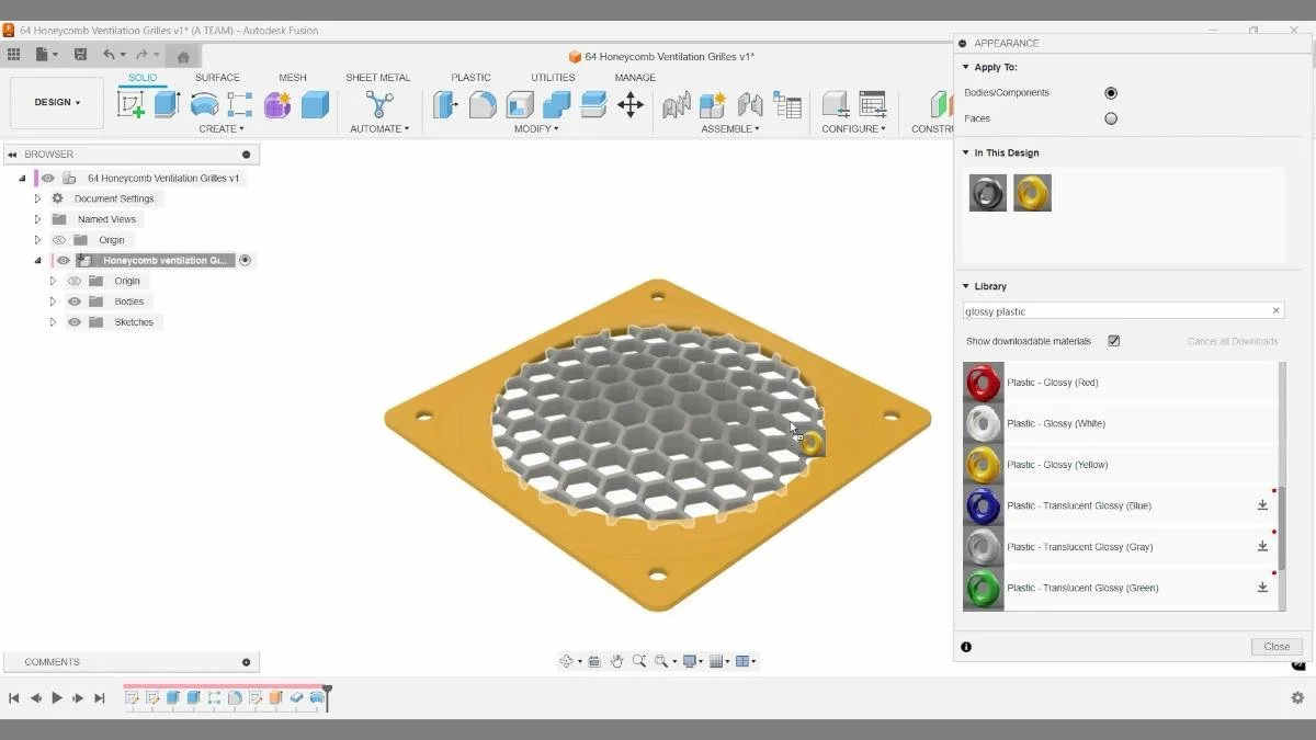 fusion honeycomb grille glossy plastic render 3d printing