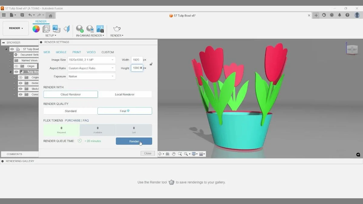 fusion render settings dialog with image size 1920×1080 for tulip bowl
