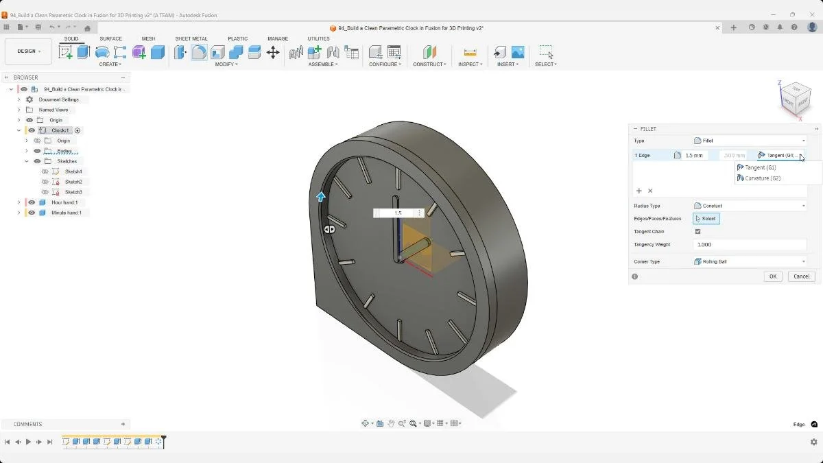 Applying fillets with curvature continuity to clock hands in Fusion.