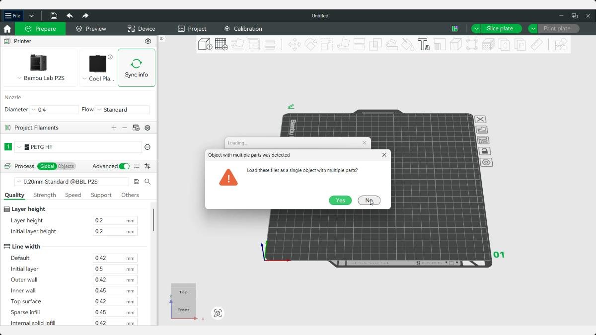 Bambu Studio dialog asking whether snap fit STL files should load as one object with multiple parts.