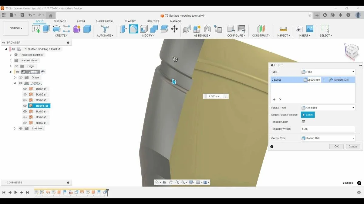Applying a 2 mm fillet to recessed edges in Autodesk Fusion.