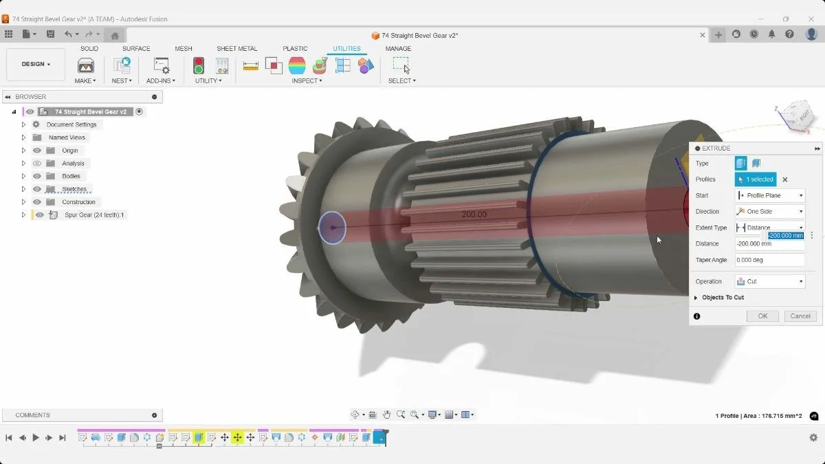 Extrude cut creating center hole in bevel gear