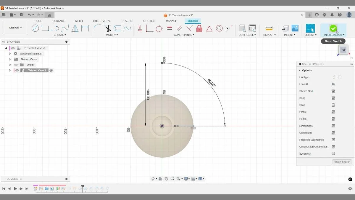 Driving sketch plane in Autodesk Fusion used to control parametric vase geometry