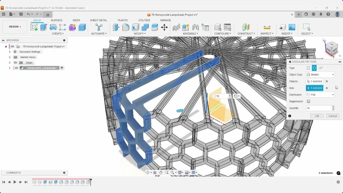 Fusion Circular Pattern preview repeating 16 honeycomb lampshade bodies around the Z-axis.