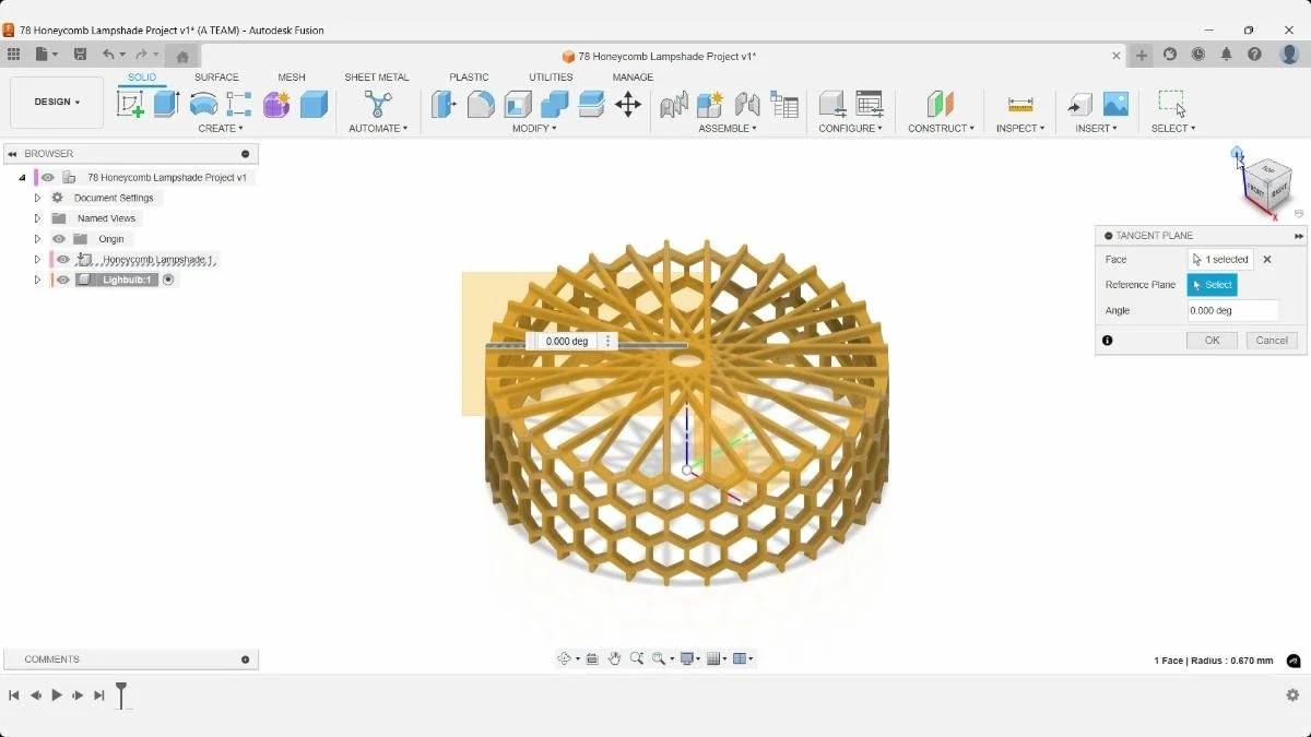 Fusion Tangent Plane tool creating a sketch plane across the rounded honeycomb lampshade.