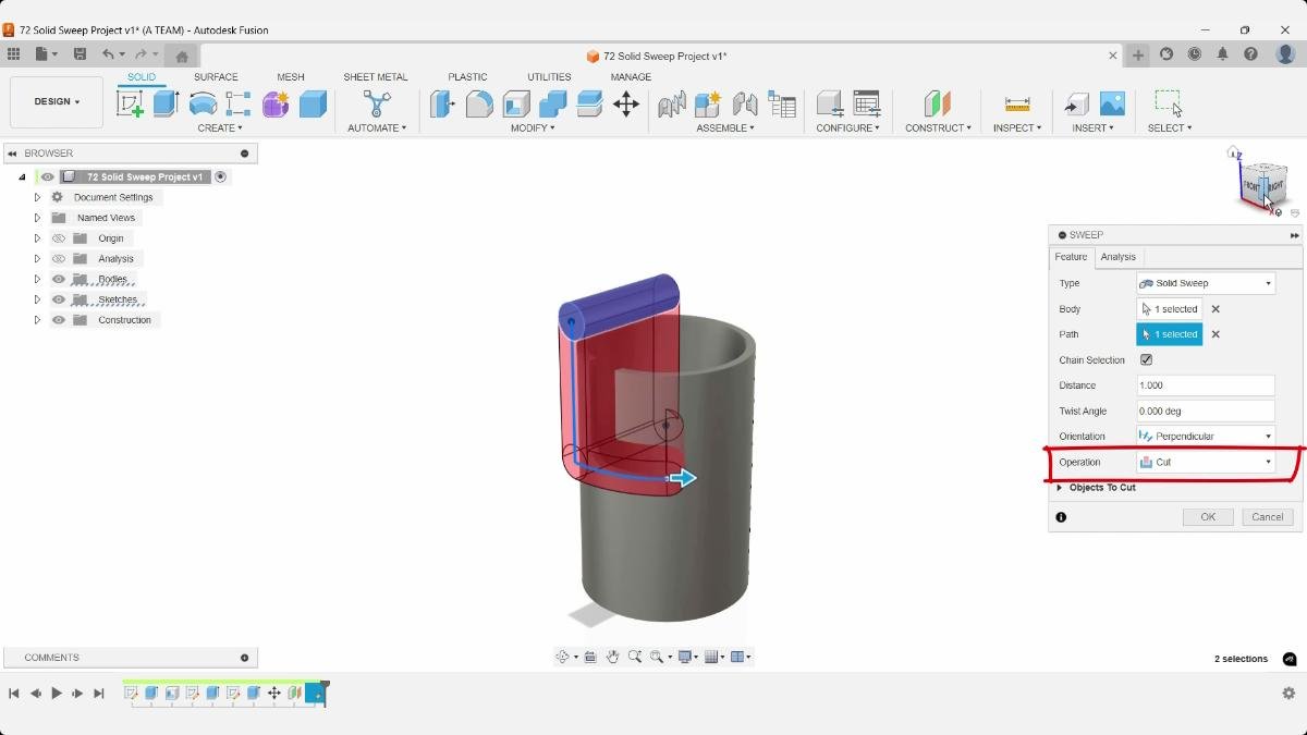 Fusion solid sweep cut using perpendicular orientation