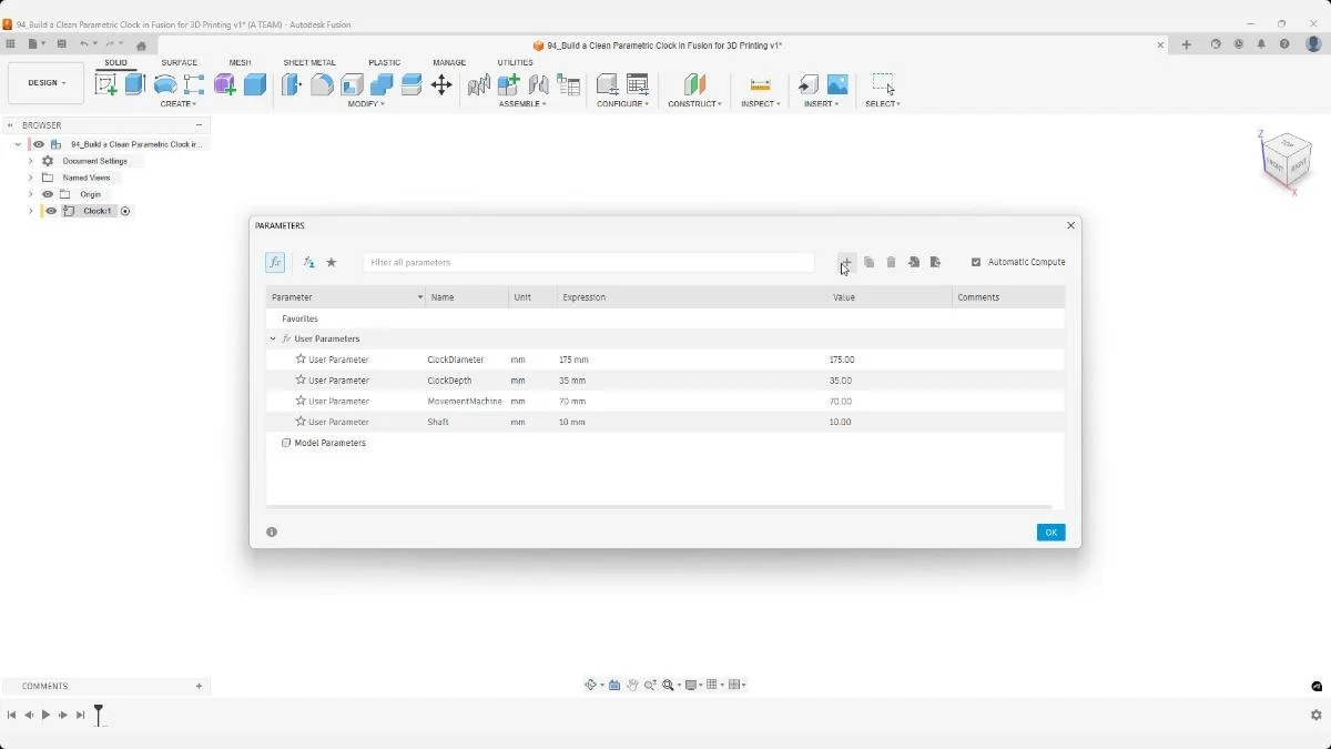 Fusion user parameters table defining clock diameter, depth, and shaft size for a parametric clock.