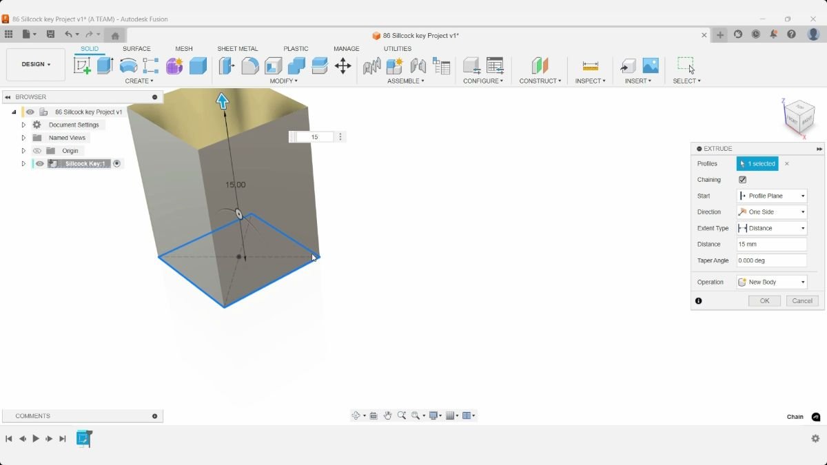 Fusion Surface Extrude preview of the sillcock key socket with a 15 mm distance.