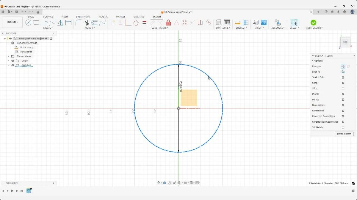 Fusion sketch showing a center-diameter circle used to define the outer diameter of an organic pen holder