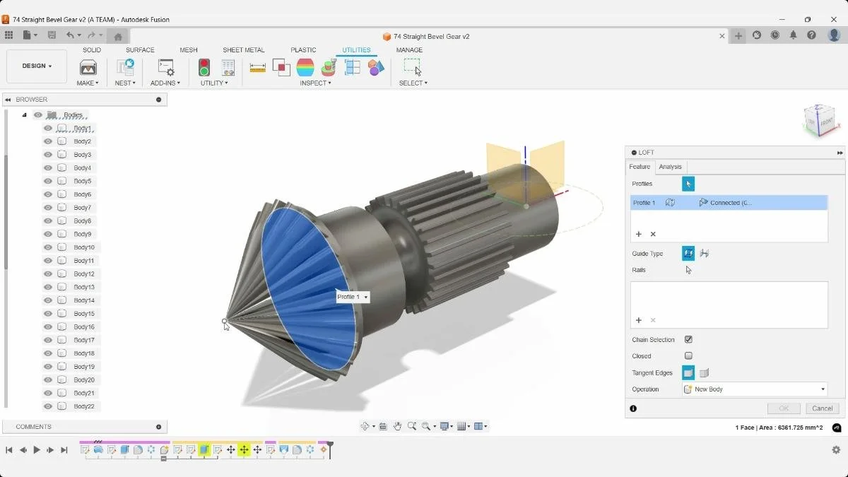 Loft profile selection using bevel gear face and apex point