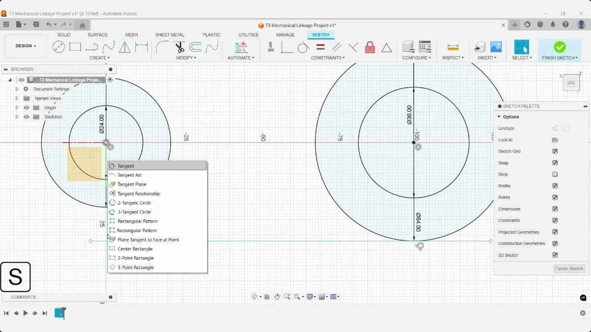 Fusion sketch shortcuts menu with tangent tools