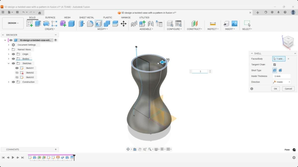 Fusion Shell command applied to the vase body with a 1 mm inside thickness to hollow the model from the top opening.