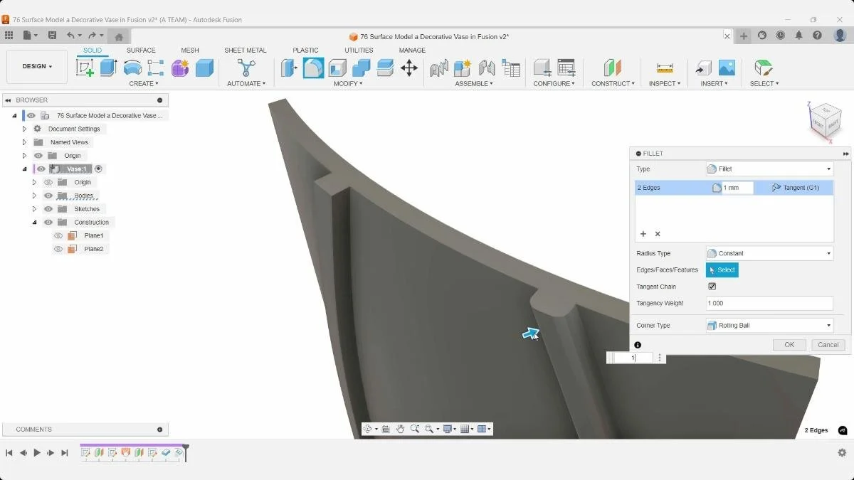 Rolling Ball fillet option applied to embossed edges in Autodesk Fusion.