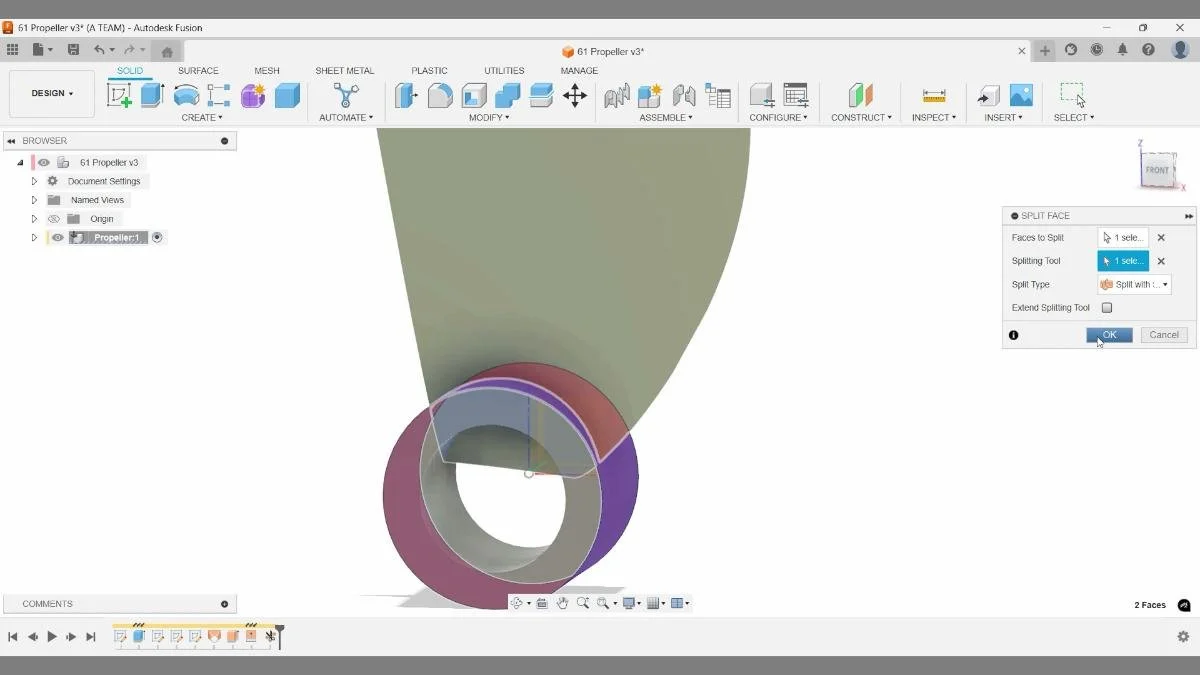 Fusion split face tool dividing hub surface using propeller blade.