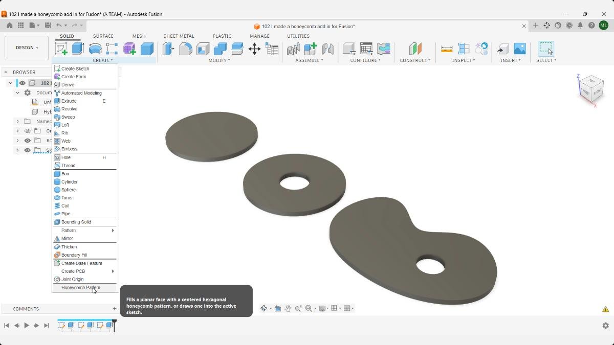Fusion Create menu open with the Honeycomb Pattern add-in command beneath the modeling tools.