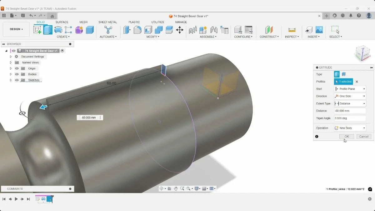 Bevel gear tooth profile extruded as a new body on cylindrical shaft in Fusion