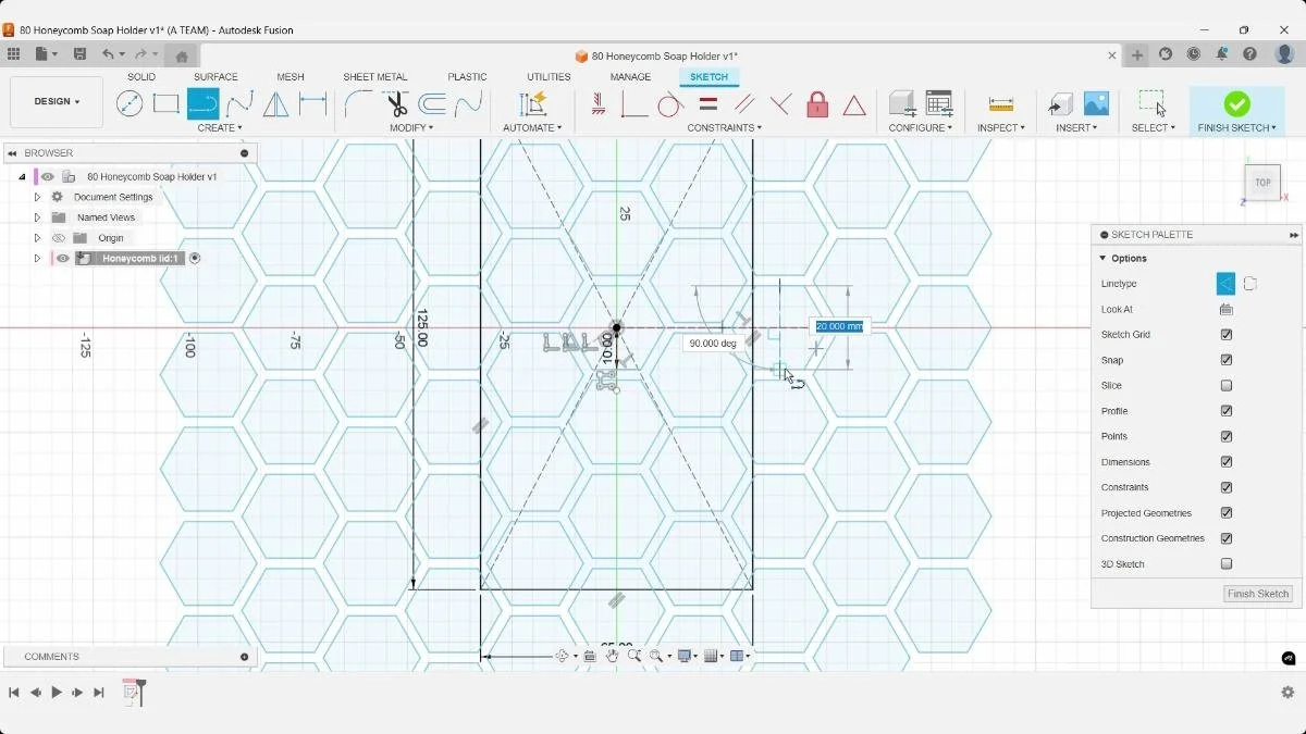 Fusion sketch dimensioning a boundary line 20 mm from the honeycomb soap holder centerline.