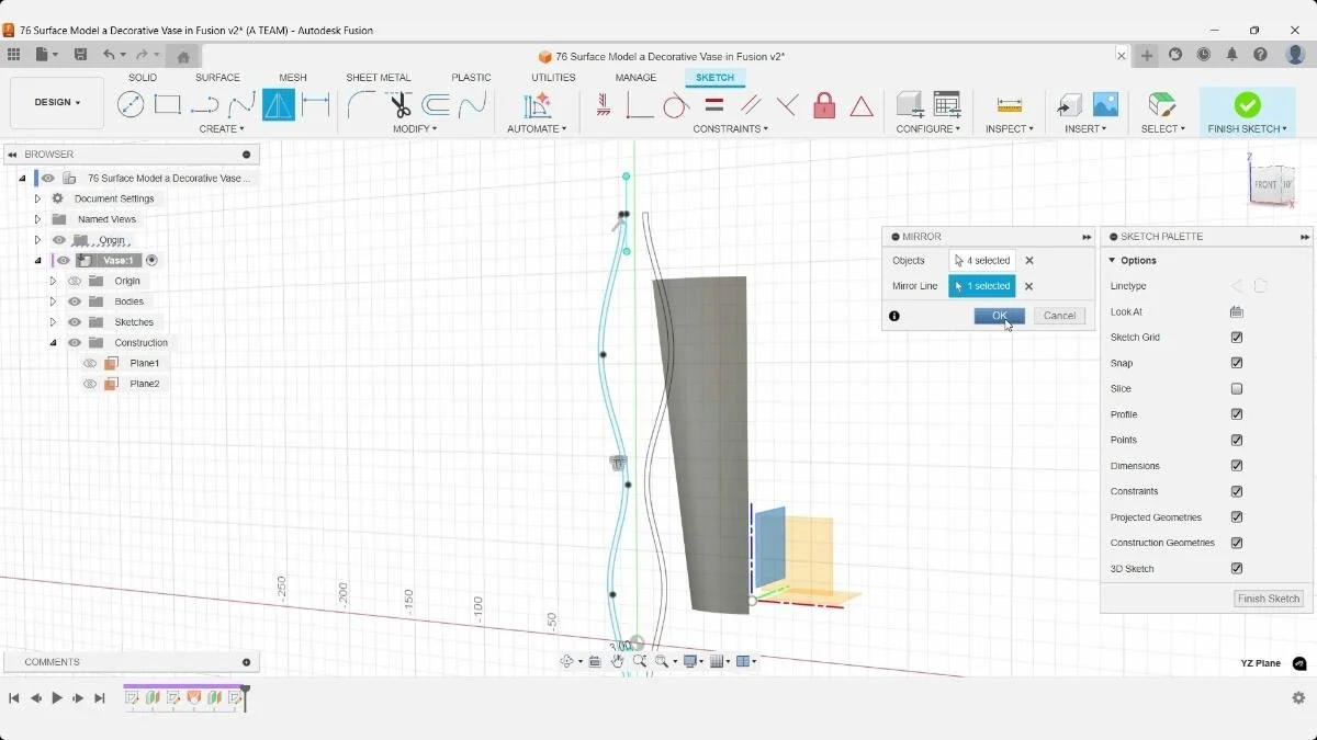 Mirroring the decorative spline profile across the center construction plane.