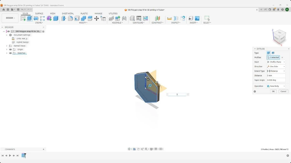 Fusion snap fit polygon extruded 5 mm into a solid body.